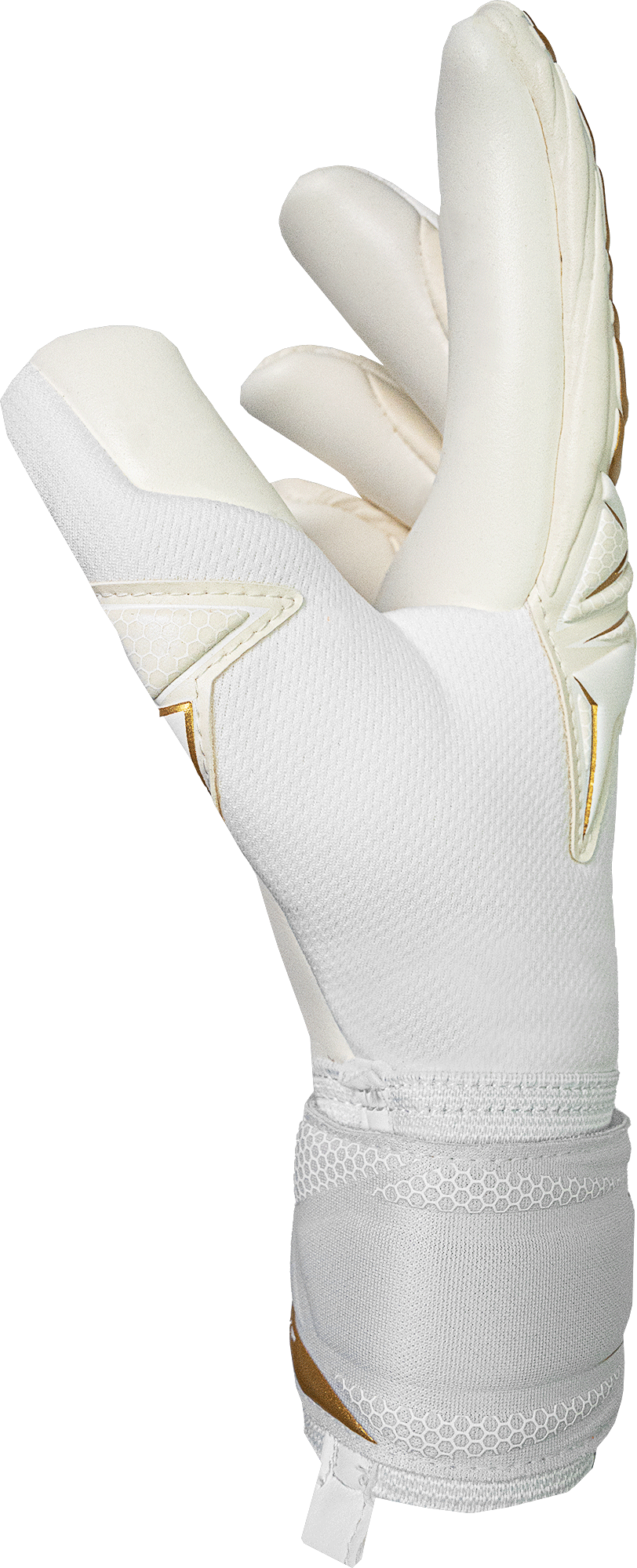Reusch Attrakt AB1 goalkeeper glove in white latex with subtle gold accents, textured backhand, and wide wrist strap.
