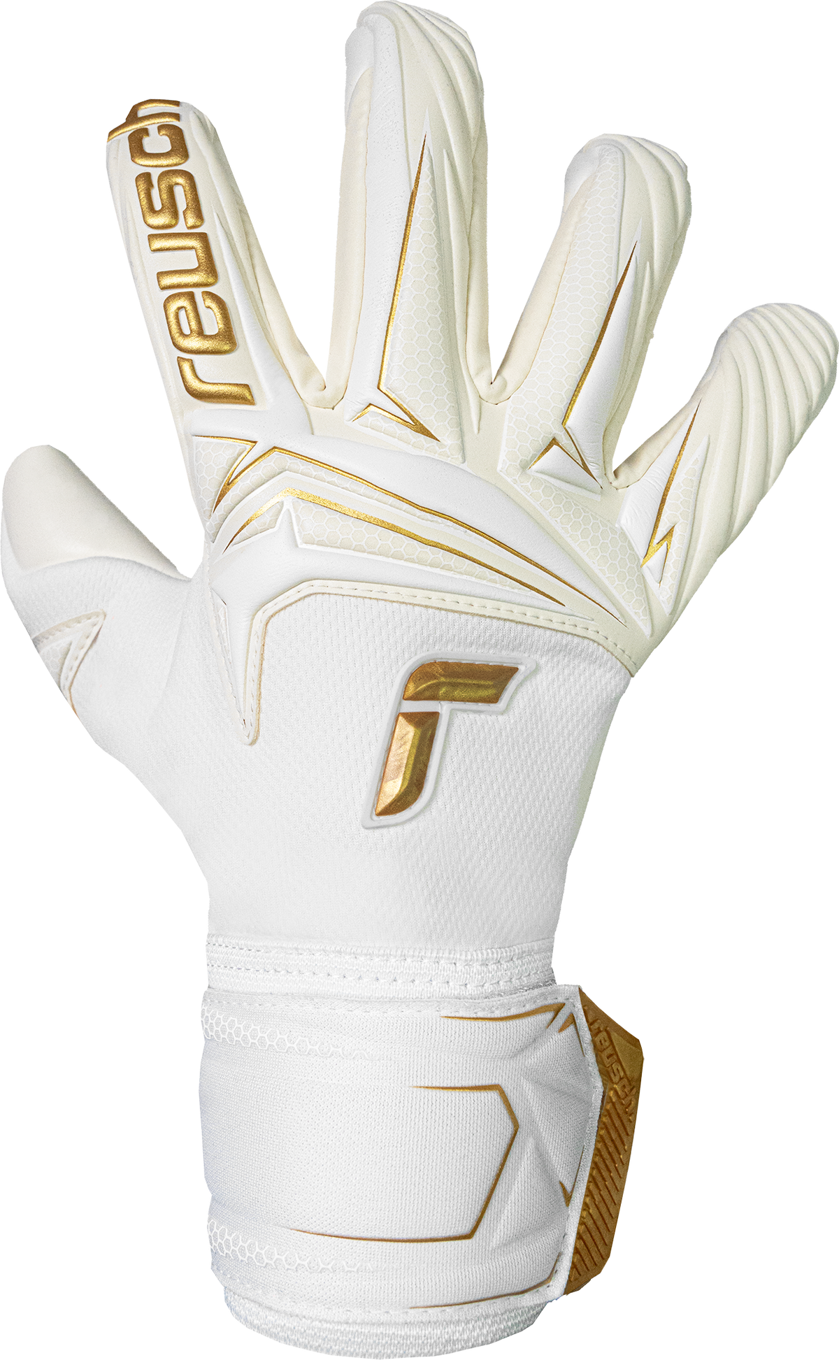 Reusch Attrakt AB1 goalkeeper glove in white latex with gold accents, textured backhand, branded fingers and wrist strap