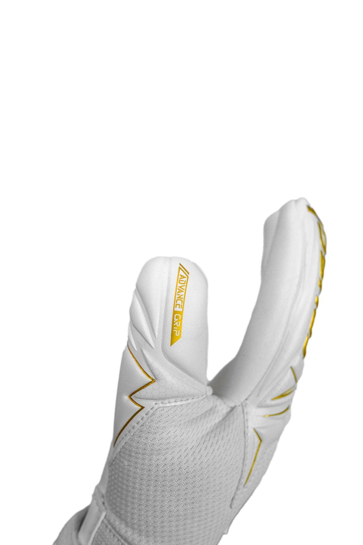Reusch Attrakt AB1 junior goalkeeper glove in white textured material with gold piping, branding and raised backhand panels.