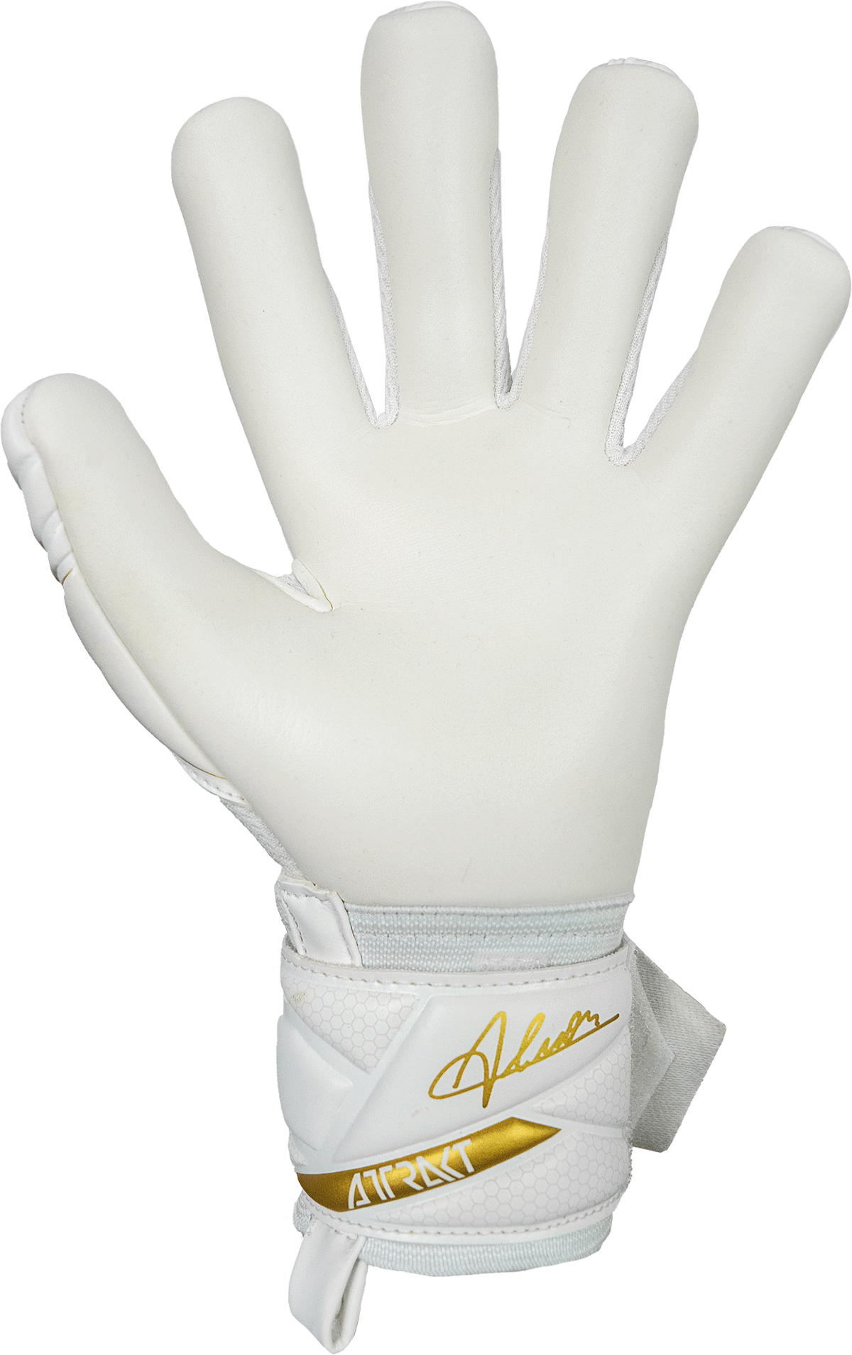 Reusch Attrakt AB1 junior goalkeeper glove with a smooth white latex palm, gold signature detail and adjustable wrist strap.