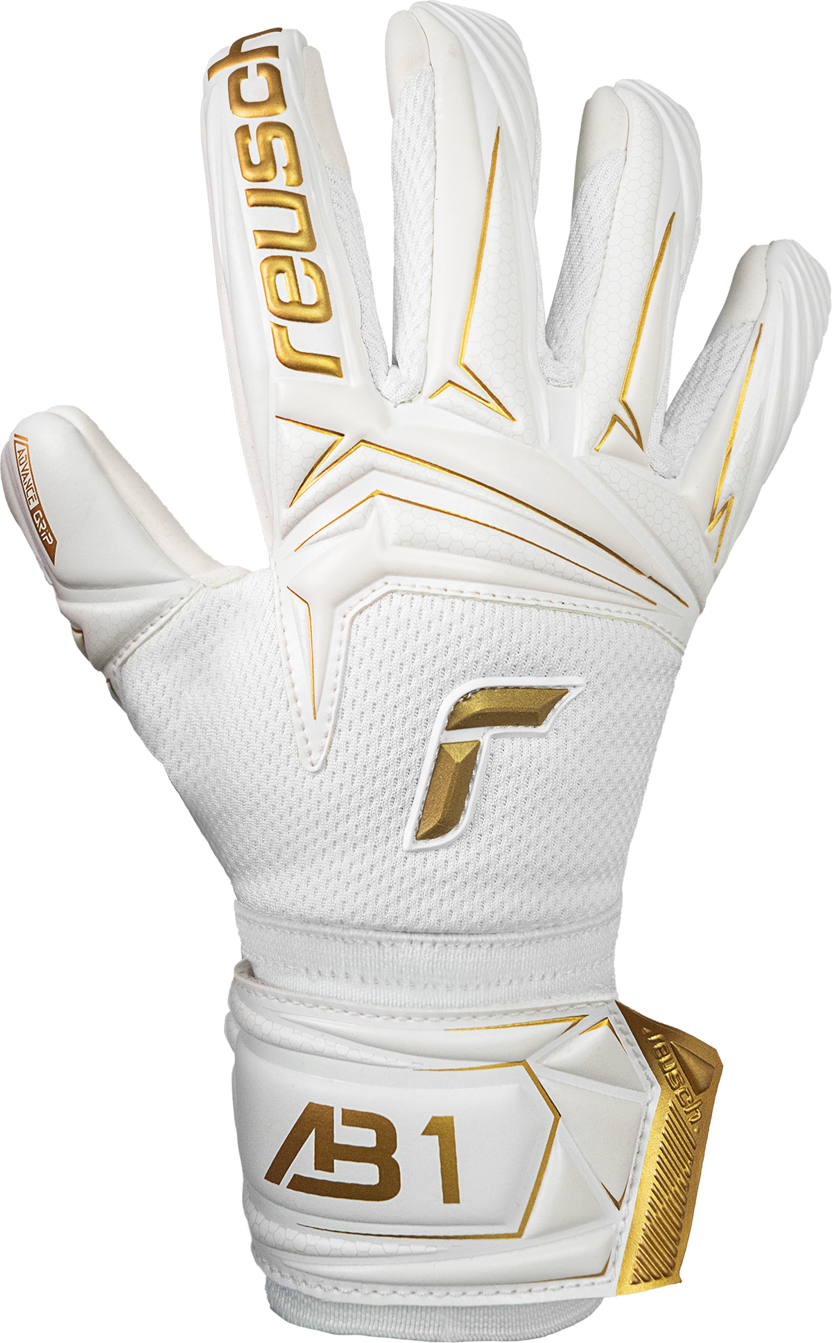 Reusch Attrakt AB1 junior goalkeeper glove in white textured latex and gold trim, with padded backhand and wrist strap.