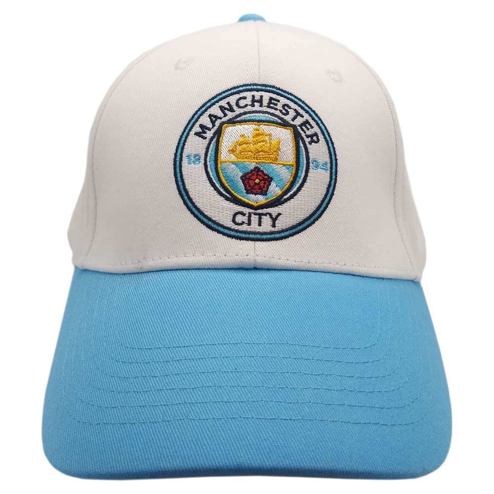 Fan Ink Limited officially licensed Manchester City adjustable unisex soccer hat with embroidered crest and two-tone design