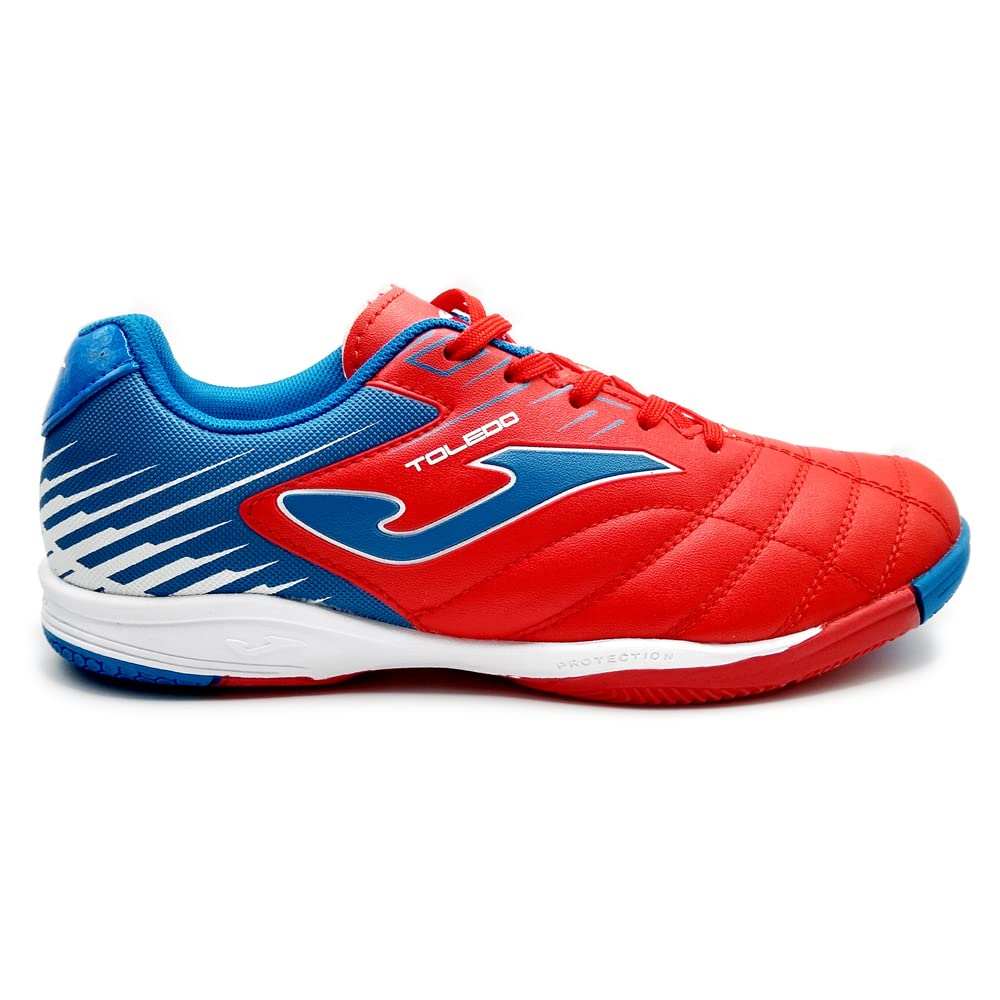 Red and blue Toledo JR Kids Indoor Soccer Shoe by Joma with non-marking rubber sole and cushioned EVA insole
