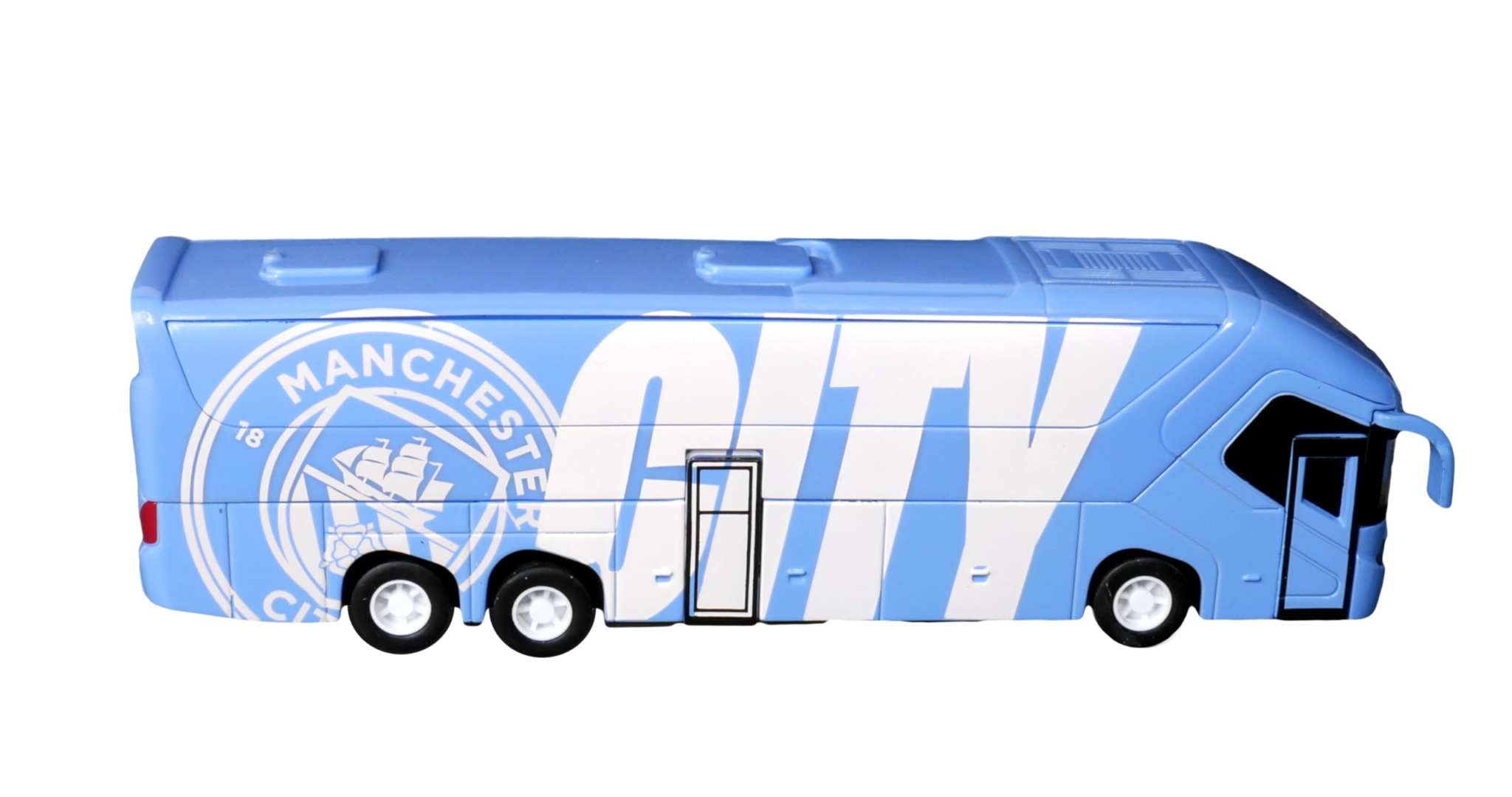 Manchester City collectible miniature team bus in sky color with friction-power engine and authentic club branding
