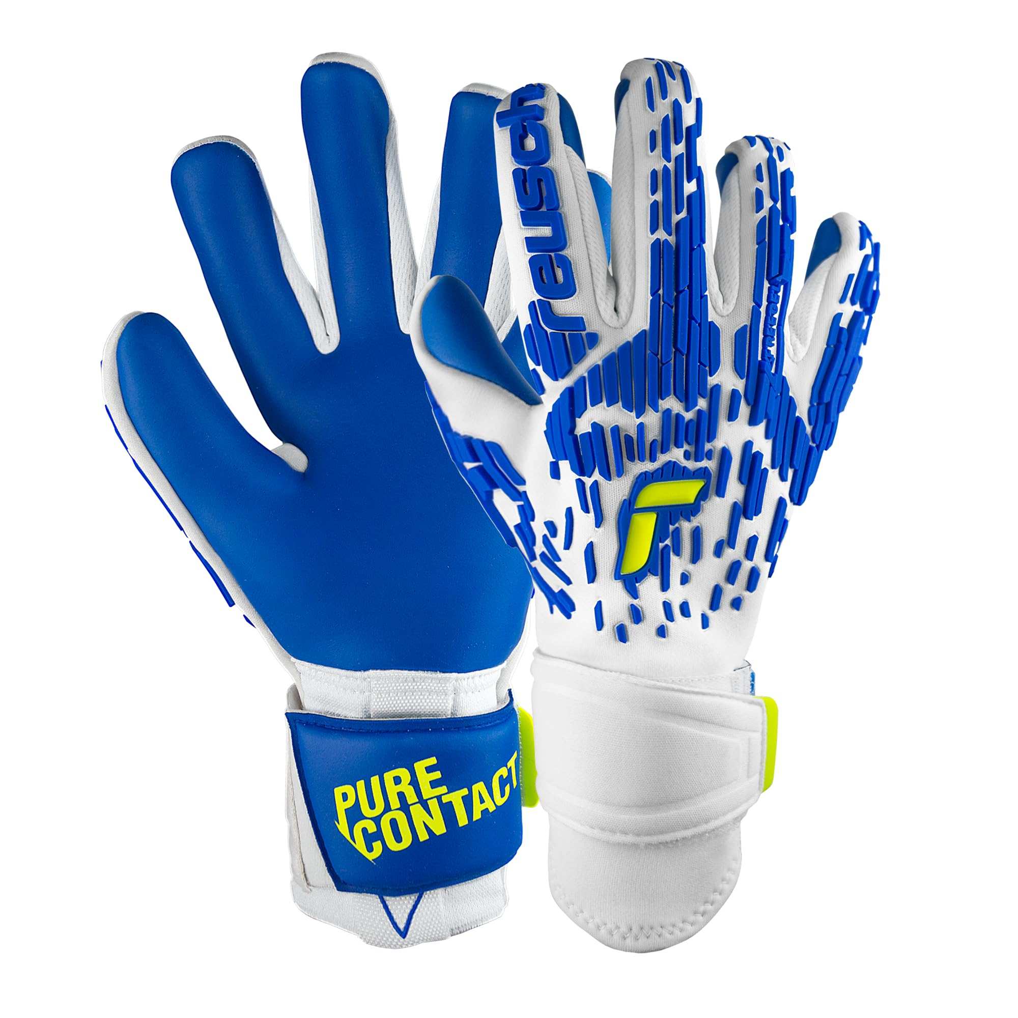 Reusch Pure Contact Freegel Duo size 10 white and blue goalkeeper gloves with Evolution Negative Cut and Steady Cuff wrist closure
