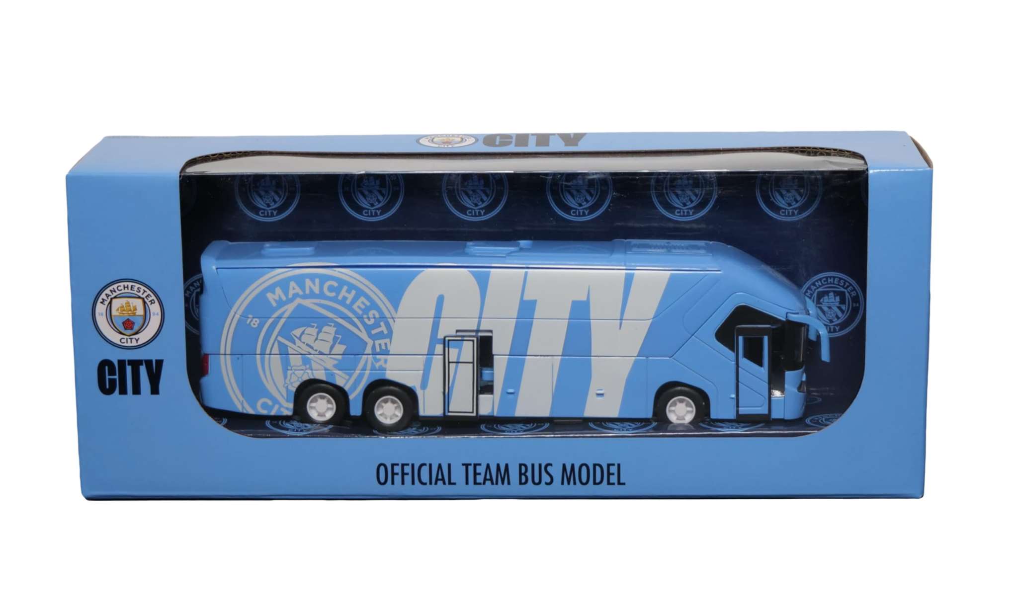 Manchester City collectible miniature team bus in sky blue with friction power engine and authentic club branding