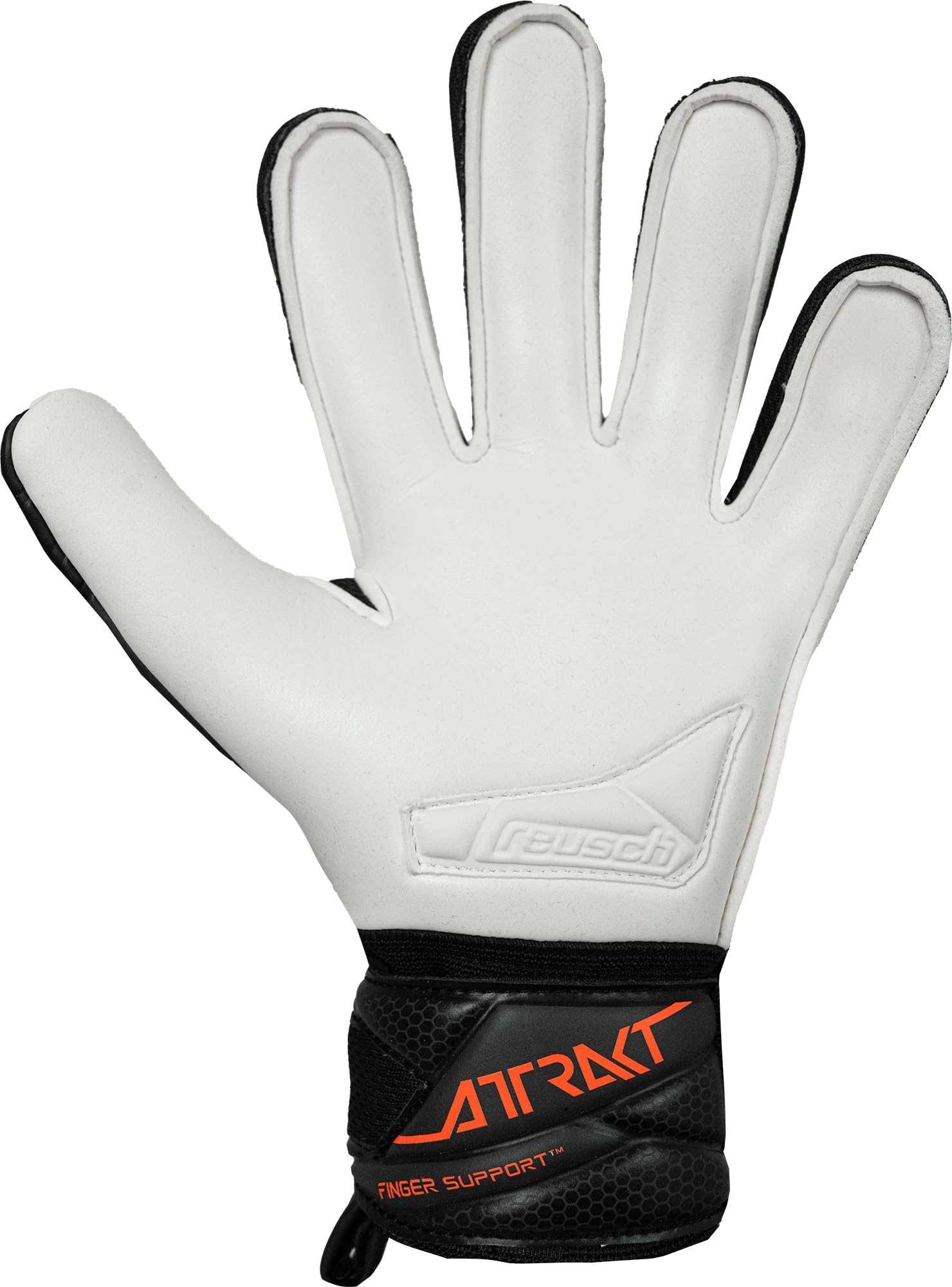 Reusch Attrakt Advance youth goalkeeper gloves in black and orange with finger support and breathable mesh panels