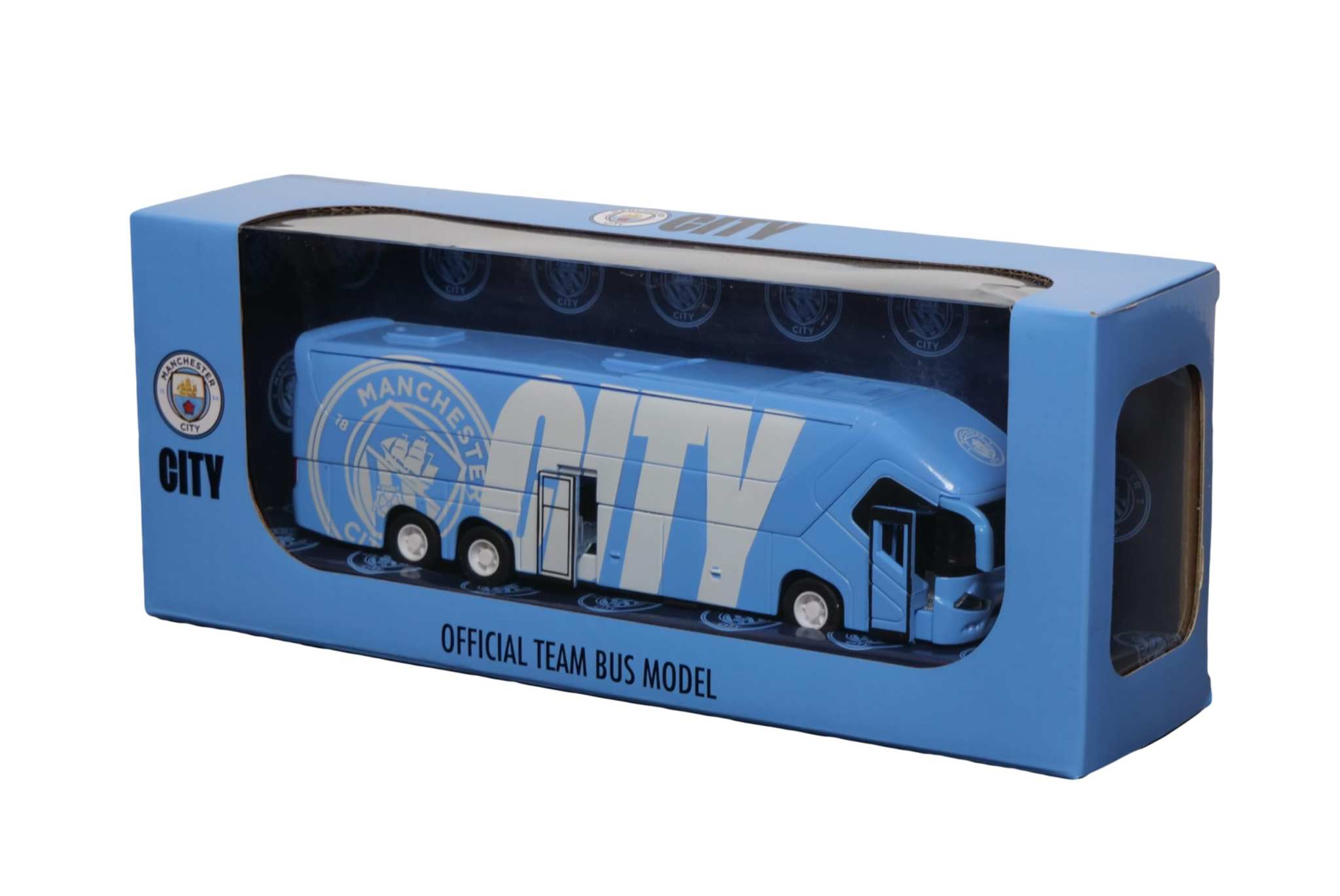 Manchester City collectible miniature team bus in sky blue with friction power and die-cast metal build