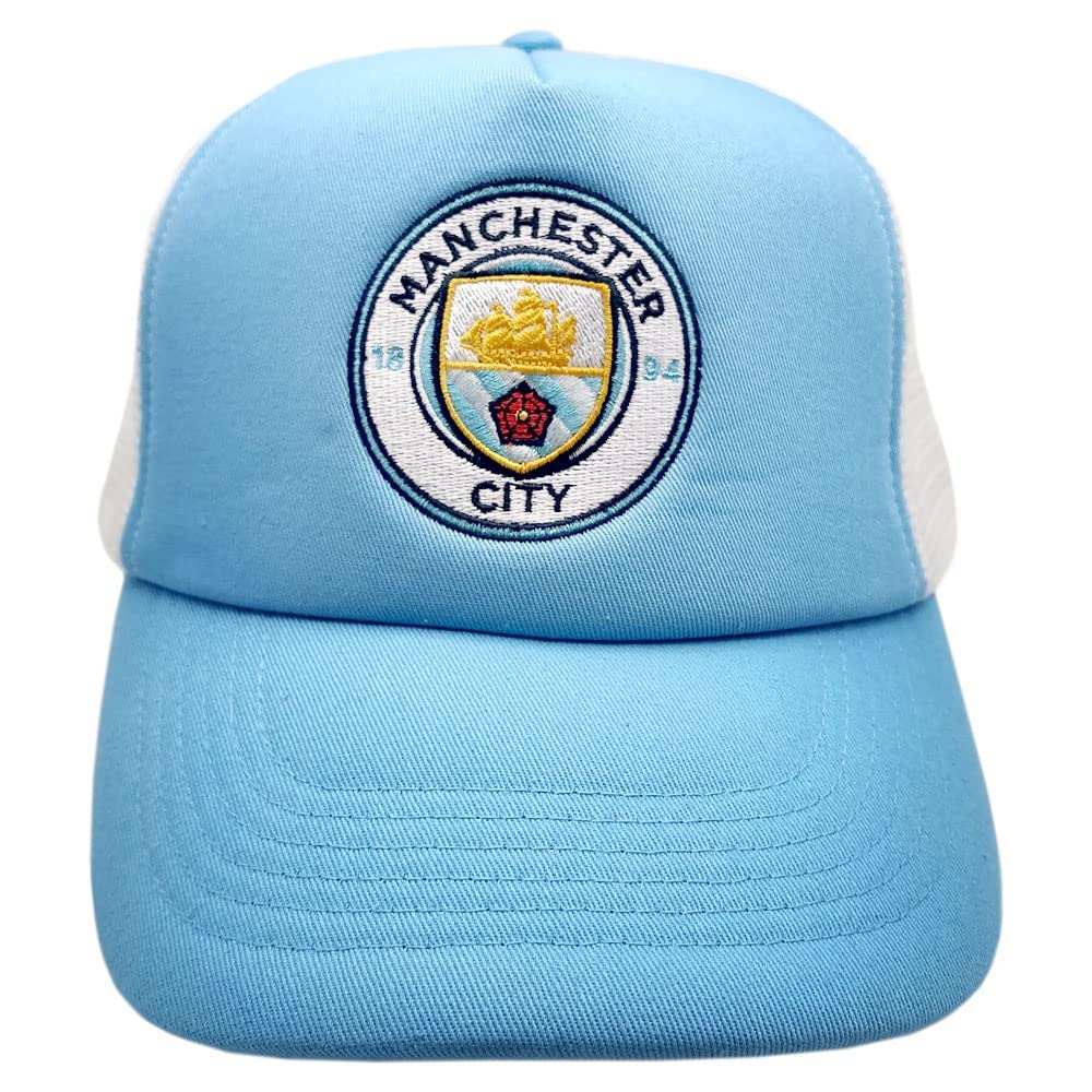 Manchester City FC Fan Ink Limited Basics Trucker Hat in sky blue with contrast crest, embroidered eyelets, and snapback closure
