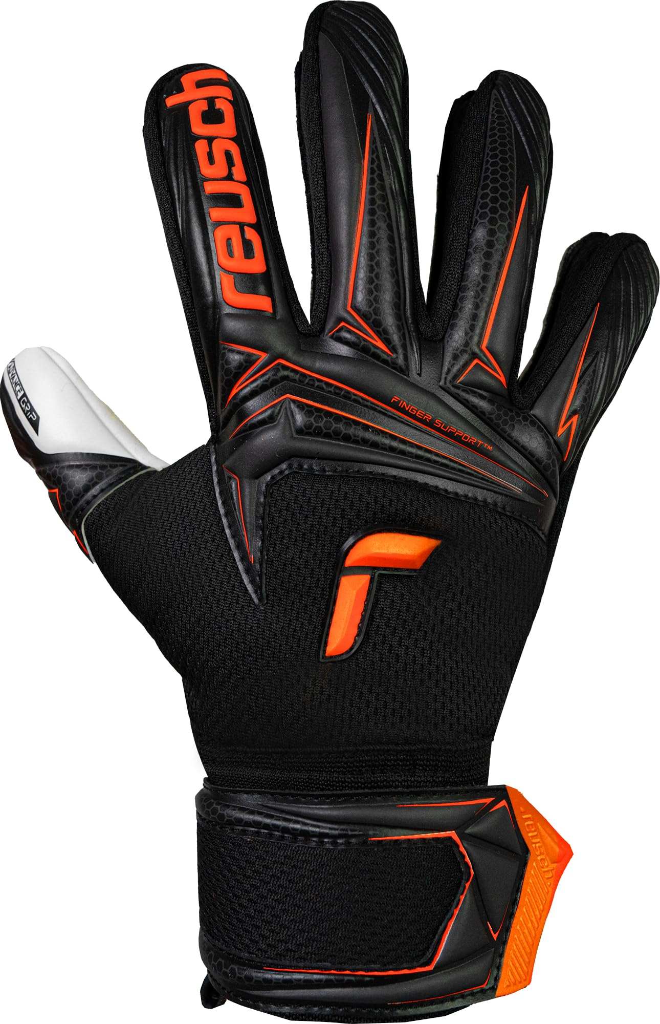 Reusch Attrakt Advance junior goalkeeper gloves in black and orange with grip advance latex and finger support technology