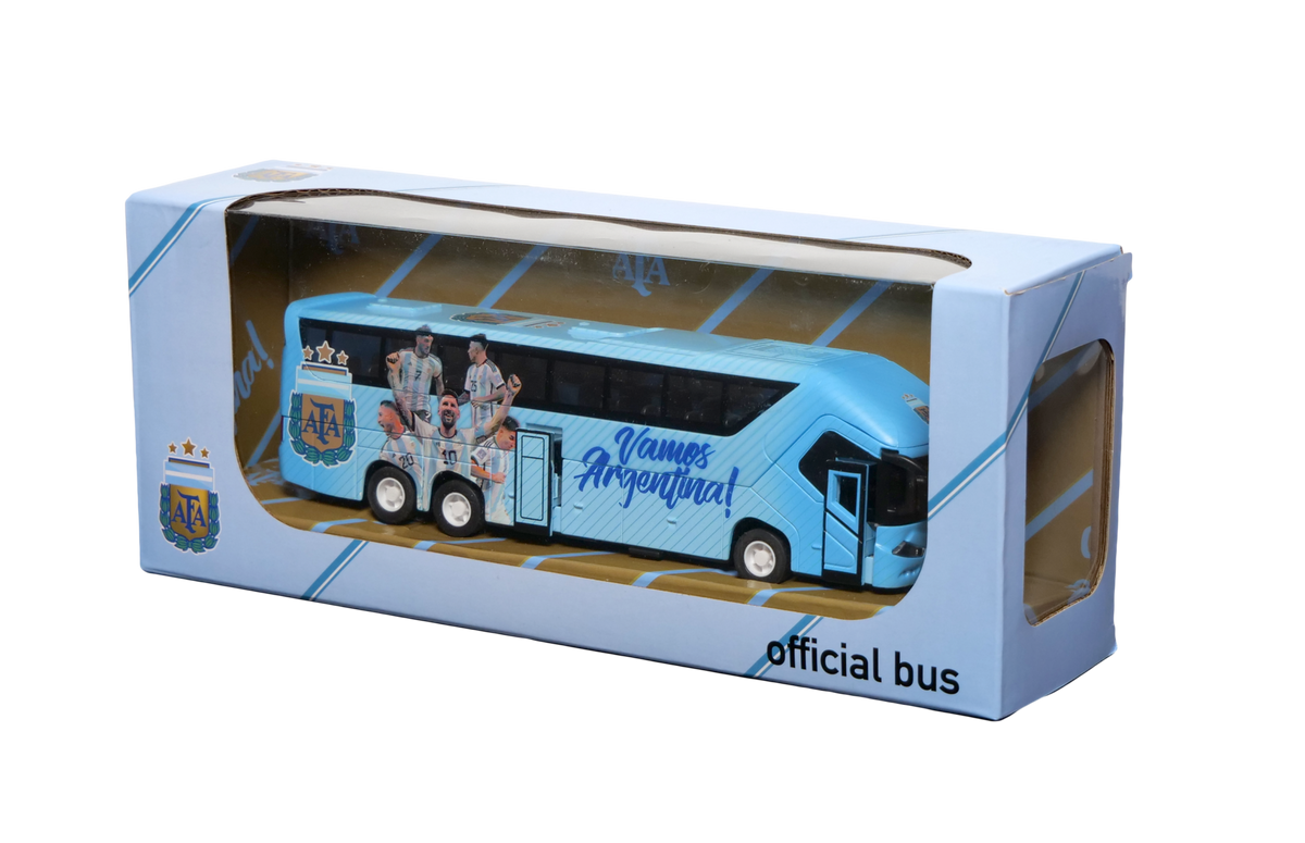 Argentina AFA Mini Team Bus miniature collectible in a light blue coach design, with team graphics and player portraits in a display box.