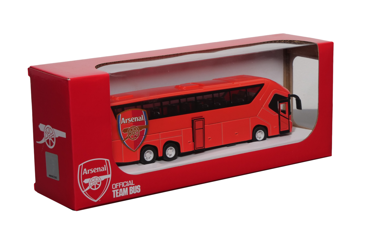 Arsenal Mini Team Bus, a red miniature coach with Arsenal crests, black windows and a matching display box
