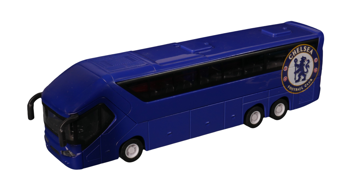 Chelsea Mini Team Bus in deep blue plastic, with black windows, silver wheels and a circular Chelsea crest on the side.