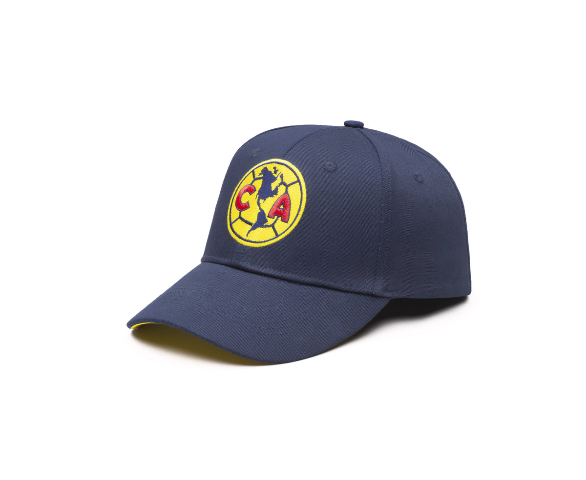 Club America Adjustable Cap in navy polyester twill, featuring a curved bill and embroidered yellow Club América crest.