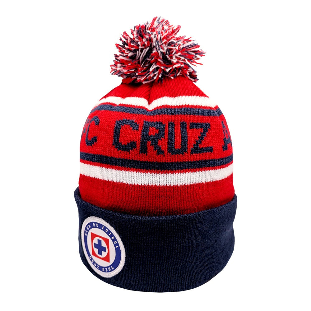 Cruz Azul Cuffed Beanie in red, white and navy acrylic knit, with striped pattern, pom-pom and embroidered crest.