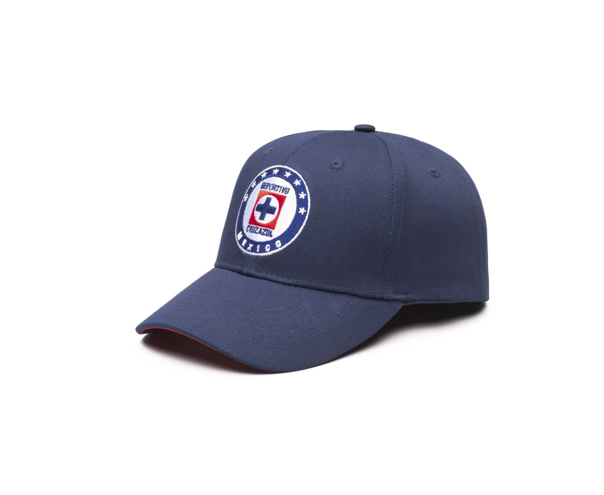 Cruz Azul Adjustable Cap in navy polyester twill, featuring an embroidered crest and curved brim with red trim.