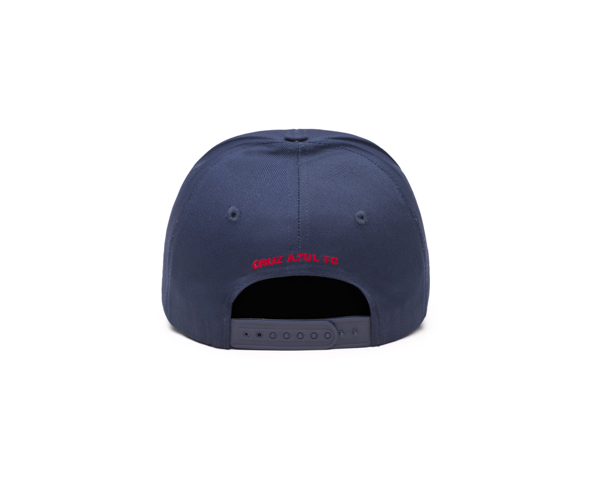 Cruz Azul Adjustable Cap in navy polyester twill, shown from the back with red embroidery and an adjustable snap strap.