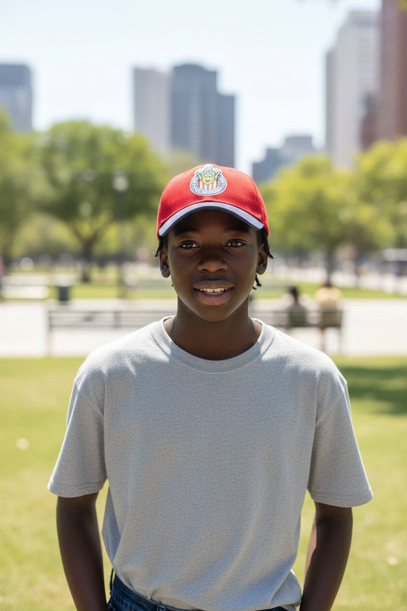 young person wearing Fan Ink officially licensed 2-tone adjustable soccer hat outdoors