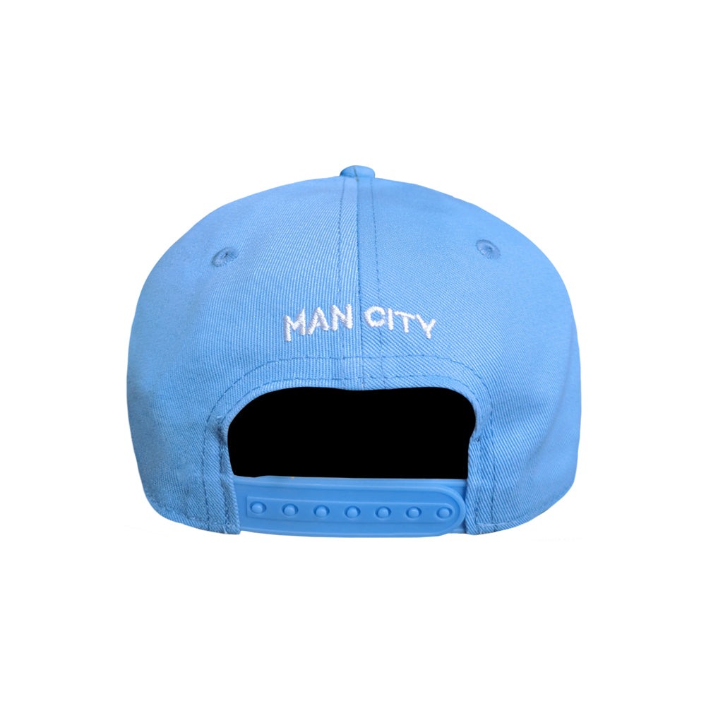 Adjustable blue hat with "Man City" text, featuring officially licensed Fan Ink design for top clubs.