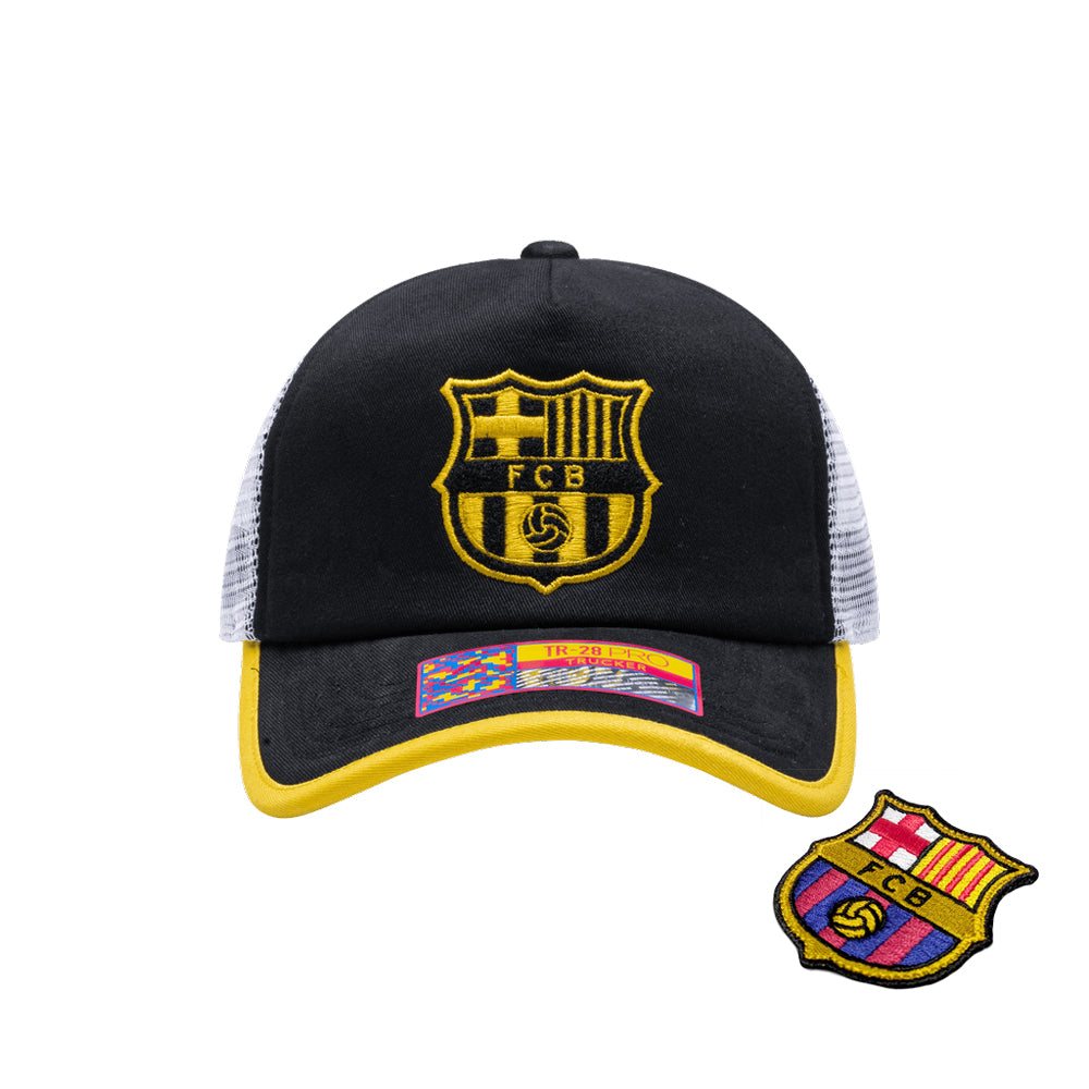 Barcelona Cap One8th Strike Trucker Hat with interchangeable front patch, black and yellow design, breathable white mesh back, and adjustable snapback fit.