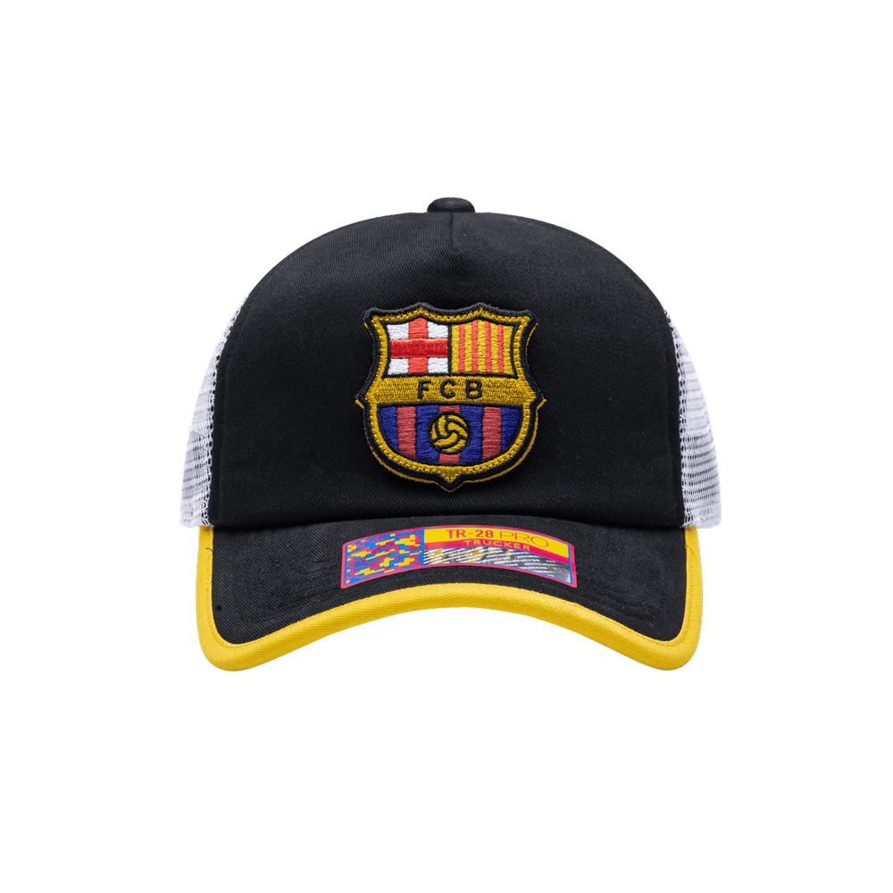 FC Barcelona One8th Strike Trucker Hat with interchangeable front patch, breathable white mesh back, yellow-trimmed curved peak, and premium cotton twill construction.