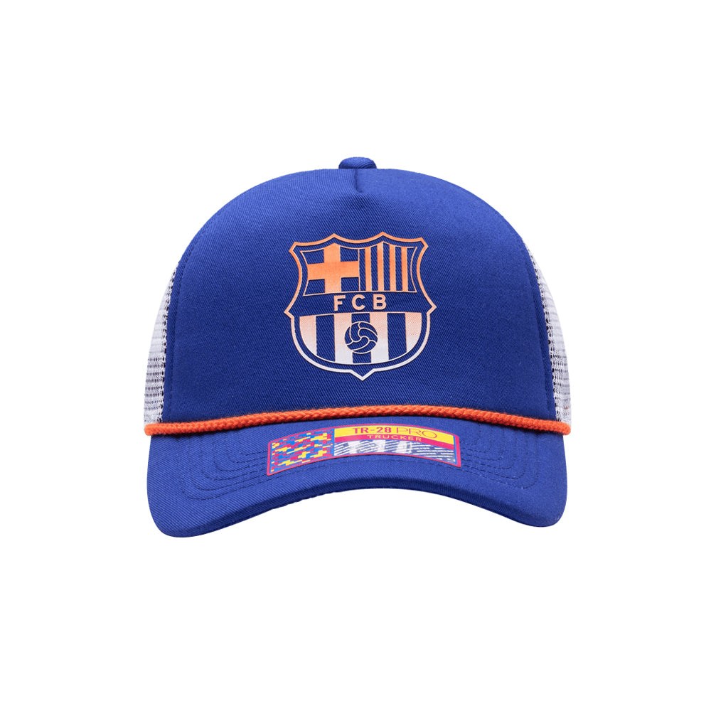 FC Barcelona Serve Trucker Hat with blue front, orange pop rope, mesh back, and adjustable snapback closure