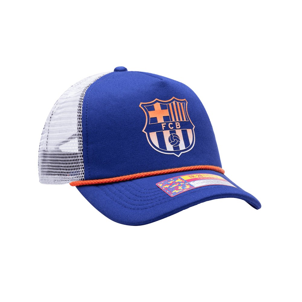 Blue Barcelona Cap Serve Trucker Hat with white mesh back, orange pop rope detail, and curved peak