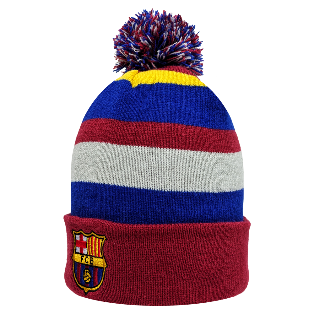 Fan Ink officially licensed international soccer knit cap with Barcelona club crest and pom pom top