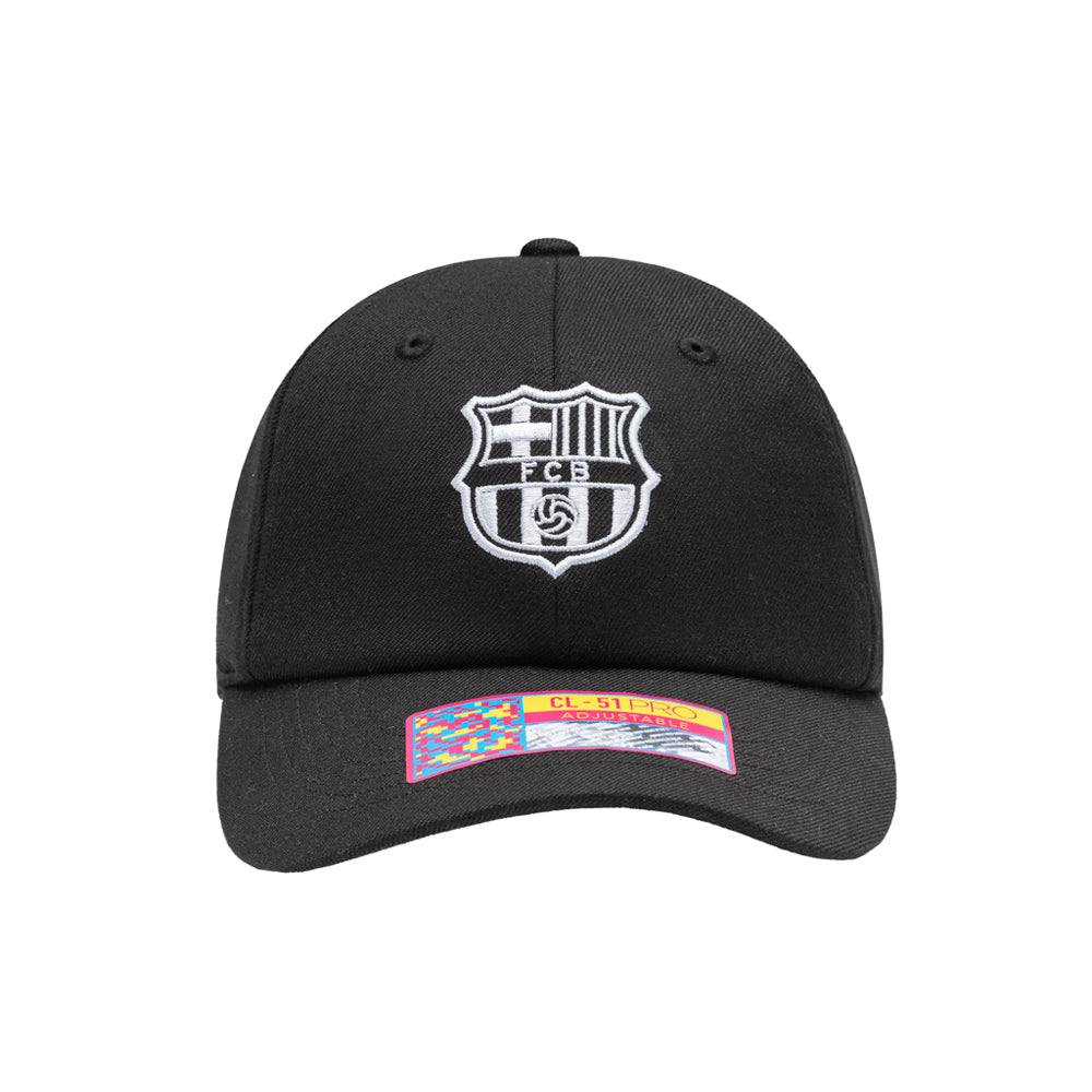 Black FC Barcelona Berkeley Classic Hat with embroidered club logo and adjustable strap buckle closure