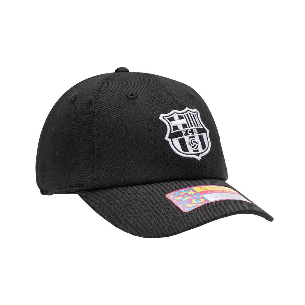 Barcelona cap with adjustable strap, wool-blend, felt logo applique, and embroidered club name in collegiate style