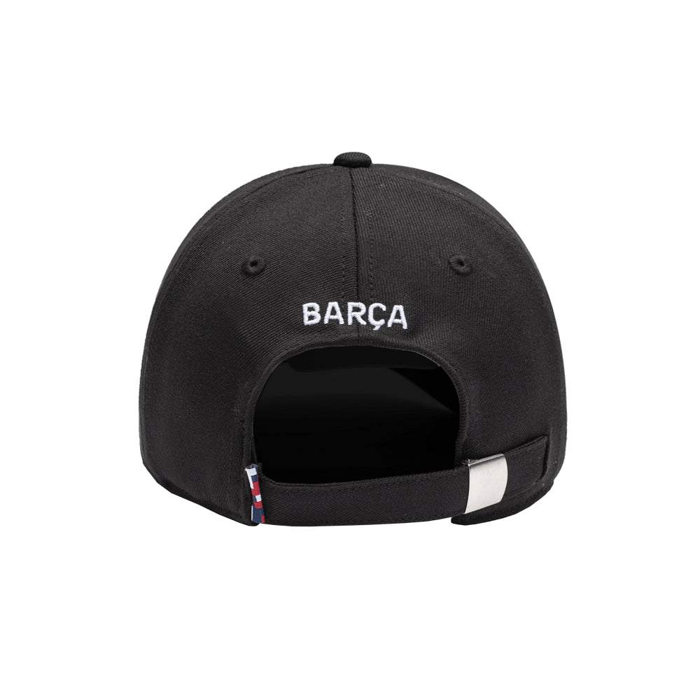 FC Barcelona cap with adjustable strap, wool-blend collegiate style, felt logo applique, and embroidered club name