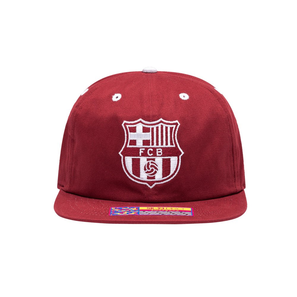 FC Barcelona Bankroll Snapback Hat in red with embroidered club logo and flat brim