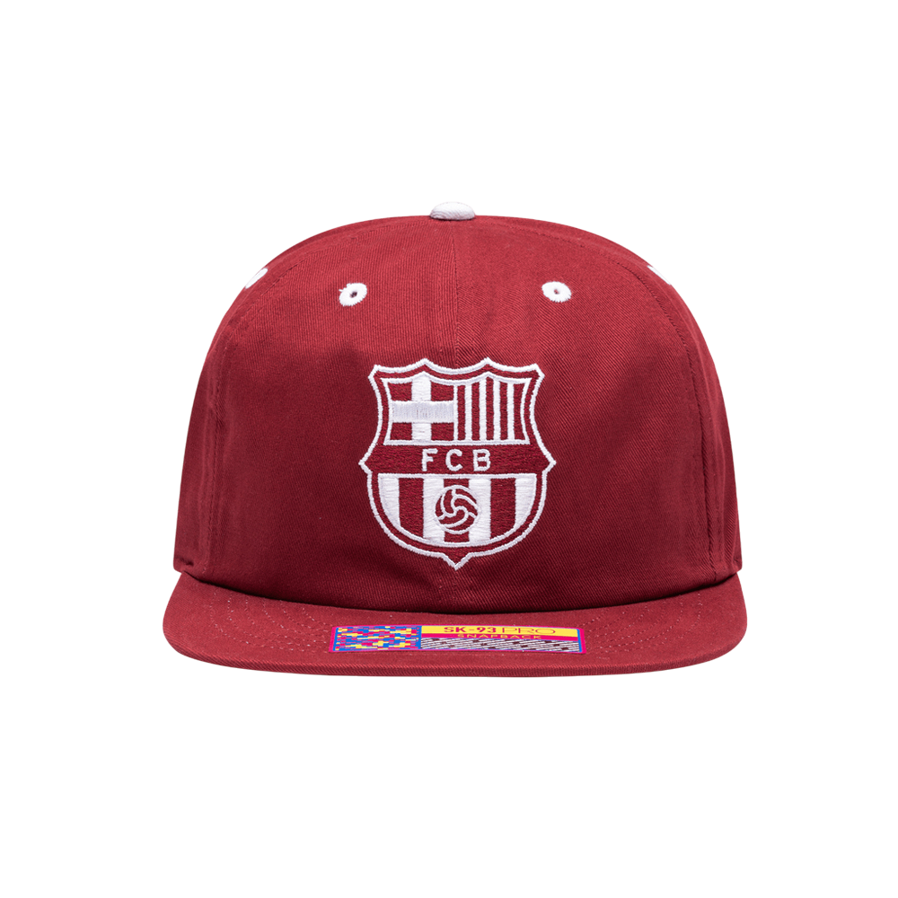 Barcelona Cap Bankroll Snapback Hat with retro grunge style and FC Barcelona logo applique