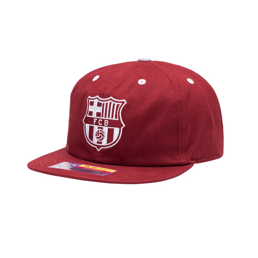 Maroon FC Barcelona Bankroll Snapback Hat with embroidered logo, flat brim, and adjustable closure.