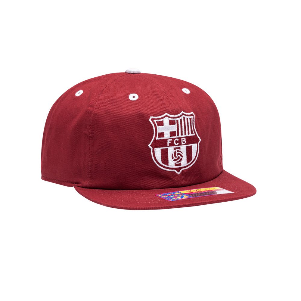 Maroon Barcelona Cap Bankroll Snapback Hat with flat brim and embroidered logo, unstructured crown, made of 100% cotton twill with adjustable snapback closure.