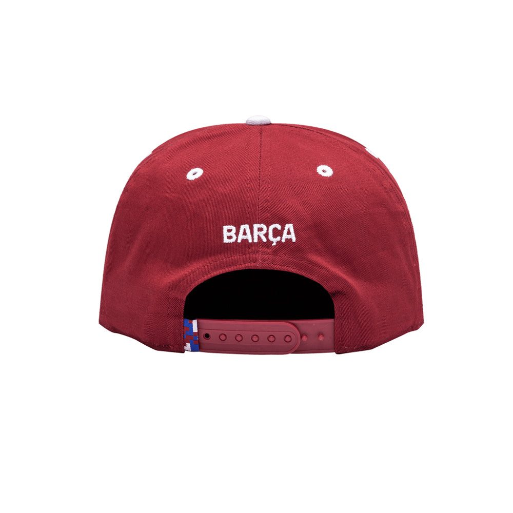 Back view of maroon Barcelona Cap Bankroll Snapback Hat with adjustable strap and "BARÇA" embroidery