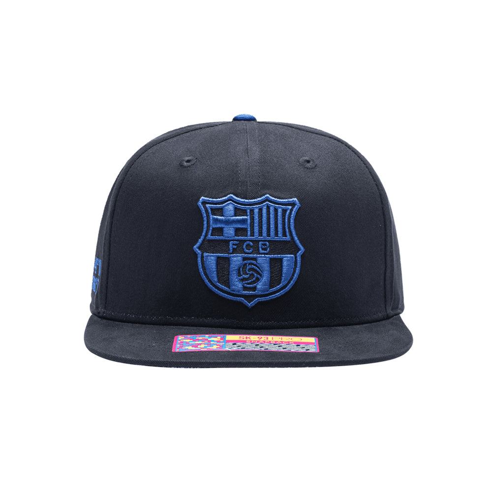 FC Barcelona Locale Snapback Hat with structured crown, flat brim, and adjustable closure in black and blue colors