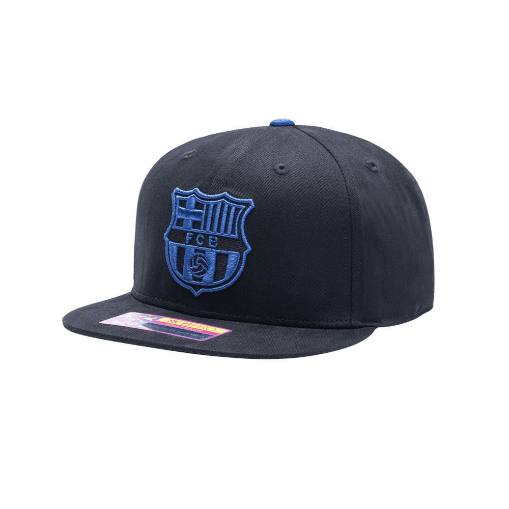 Barcelona Cap Locale Snapback Hat with blue embroidered club crest and adjustable flat brim design