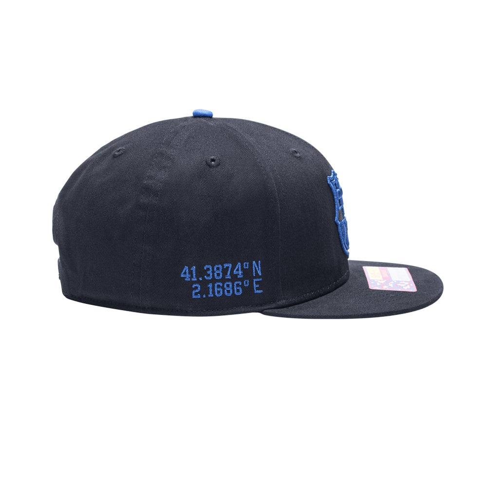 Black FC Barcelona Locale Snapback Hat with blue embroidered logo and adjustable flat brim design
