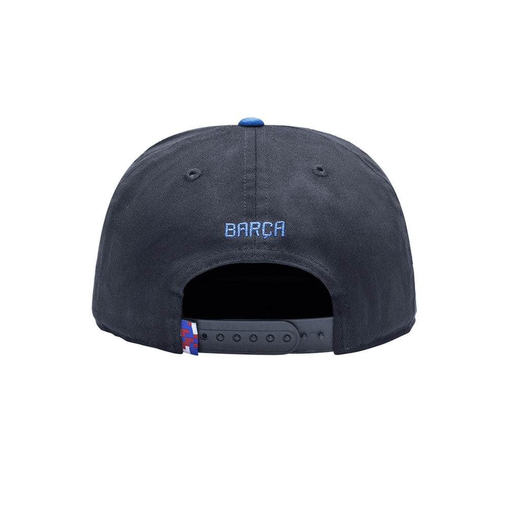 Back view of black FC Barcelona Locale Snapback Hat with adjustable strap and "BARÇA" embroidery