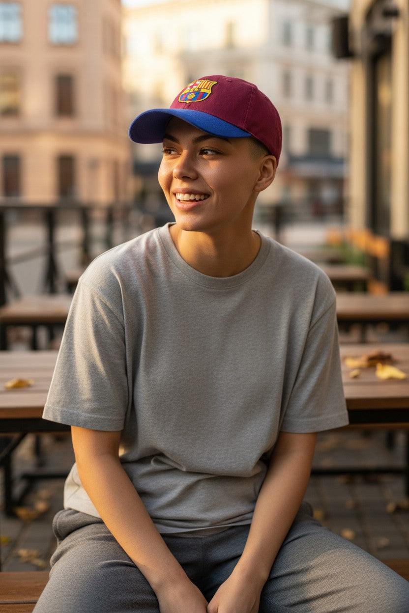 Person wearing Fan Ink officially licensed 2-tone adjustable soccer hat with club crest outdoors