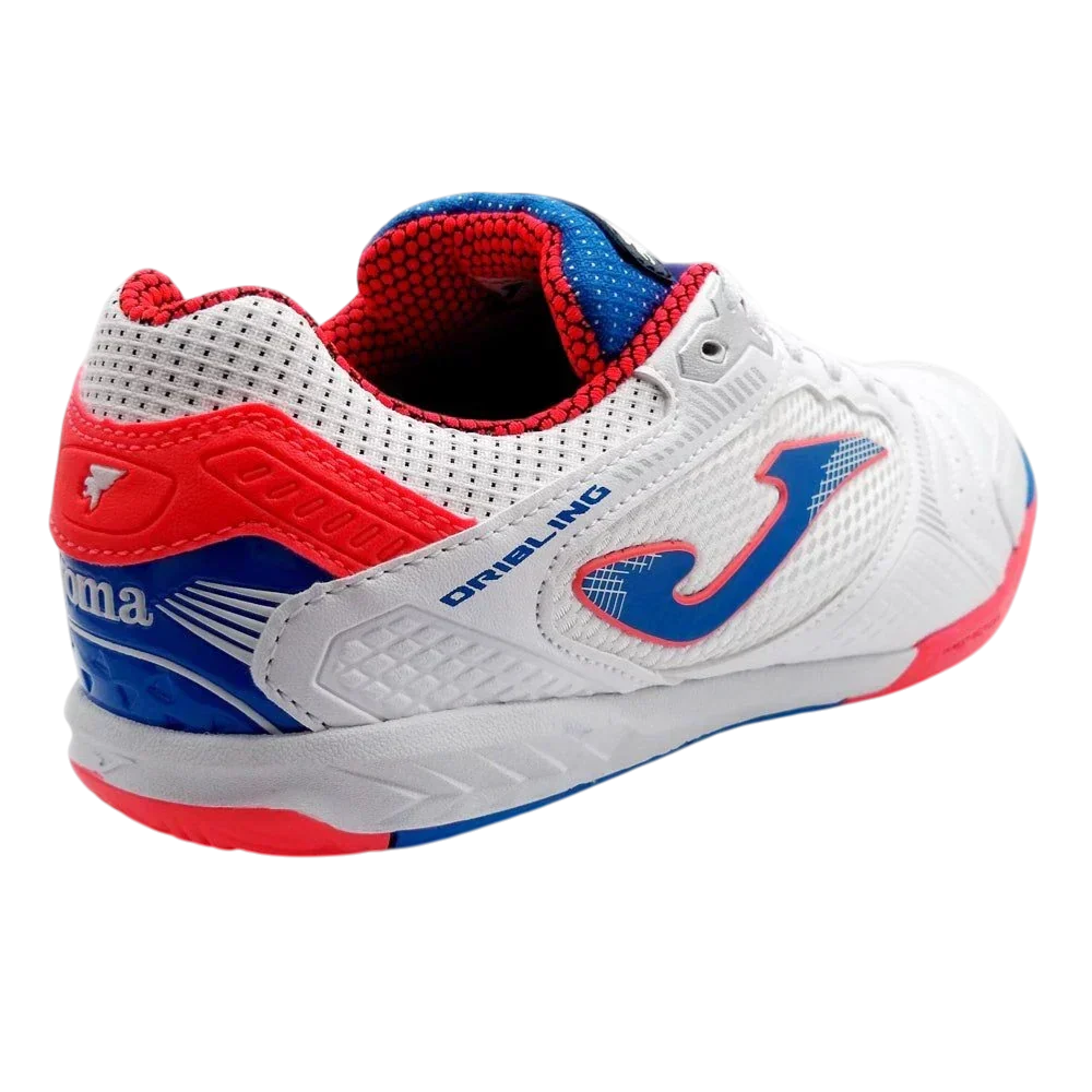 Joma Dribling indoor soccer shoes in white and red with non-marking rubber outsole for agility and quick pivots