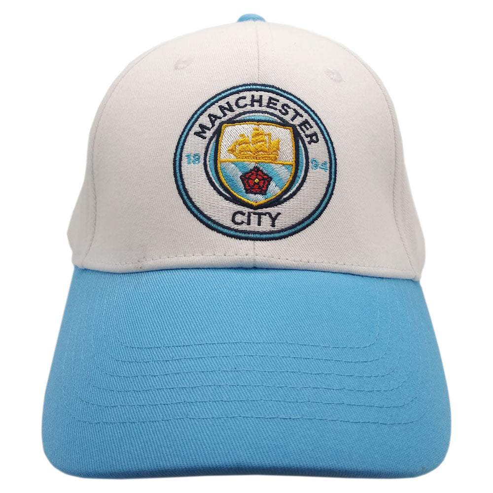 Manchester City Two-Tone Adjustable Cap in white and sky blue, with an embroidered club crest and curved brim.