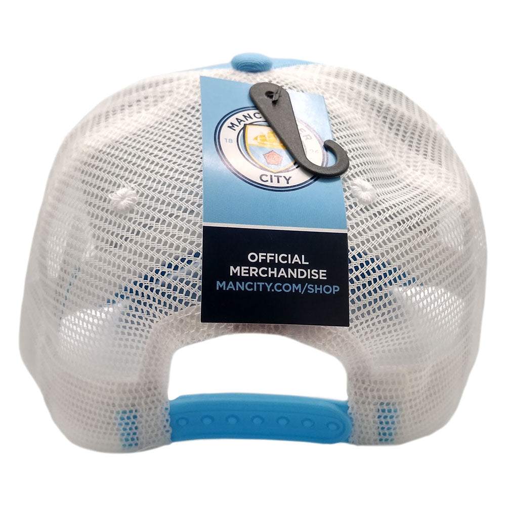 Back view of Fan Ink officially licensed Manchester City trucker hat with mesh back and adjustable snapback closure