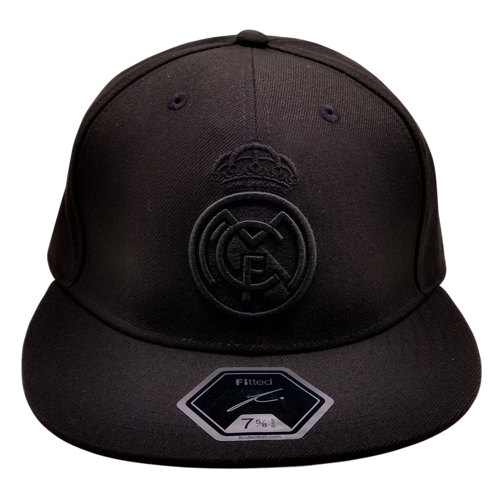 Black Real Madrid fitted cap with 3D embroidered crest and premium polyester construction