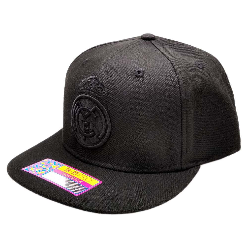 Black Real Madrid premium fitted hat with 3D embroidered team logo and flat peak