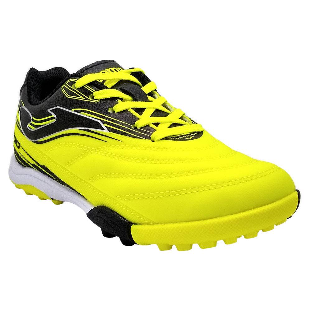 Joma Toledo Junior Turf Soccer Shoes in neon yellow with black accents, featuring a synthetic Fibertec upper and rubber outsole for traction.
