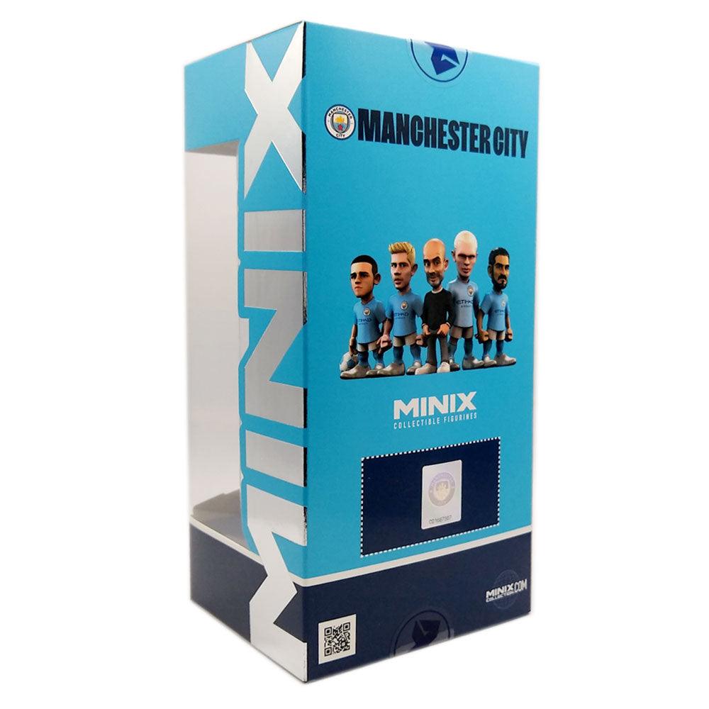 Minix Erling Haaland Manchester City collectible figurine in a turquoise and navy display box with player illustrations.
