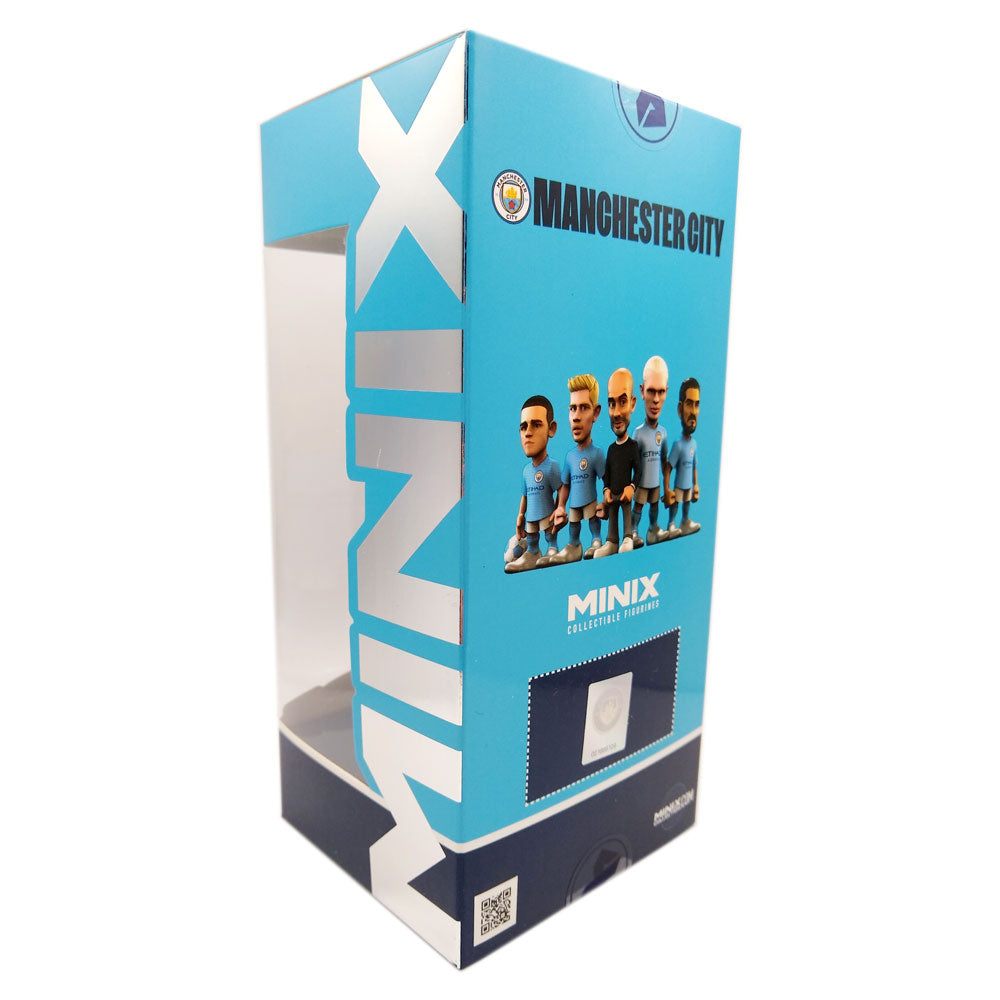 Minix Kevin De Bruyne Manchester City collectible figurine box in bright blue, with player artwork and bold white MINIX lettering.