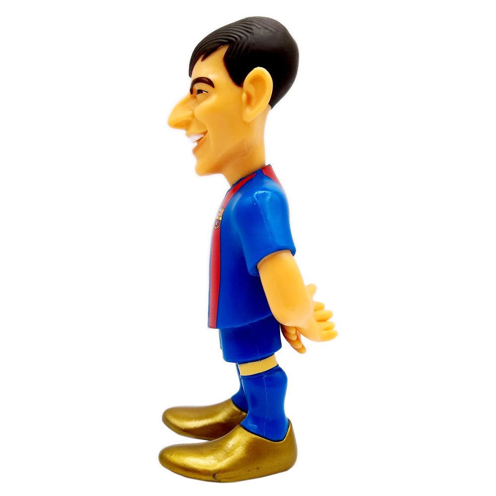 Minix Pedri FC Barcelona figurine in a blue and red kit, with sculpted black hair and shiny gold shoes.